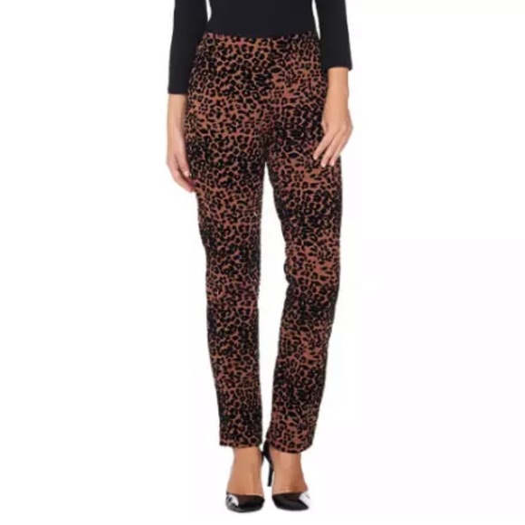 Women With Control Leopard Flocked Ponte Knit Slim Leg Pants - Picture 2 of 6